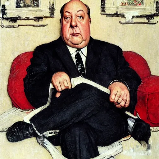 Prompt: Alfred Hitchcock portrait painted by Norman Rockwell