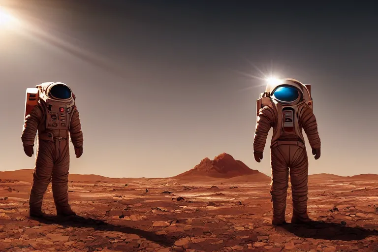 Prompt: A professional futuristic photo of Mark Watney on the plains of Mars; high-quality, dramatic lighting; extremely high detail; trending on artstation