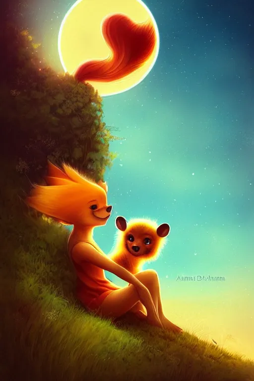 Prompt: cute growlithe sat alone on a hill looking at a beautiful dreamy hilly verdant landscape at sunset by Anna dittmann