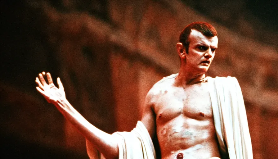 Image similar to 1 9 6 0 s movie still close - up of caligula in a white toga bleeding heavy on ancient amphitheater, cinestill 8 0 0 t 3 5 mm, high quality, heavy grain, high detail, dramatic light, anamorphic