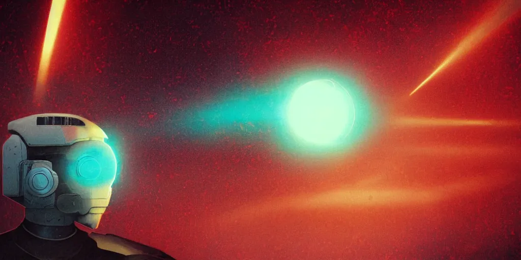 Image similar to vintage science fiction illustration, depicting artificial intelligence, azure color bleed, warm red tones, film grain, lensflare