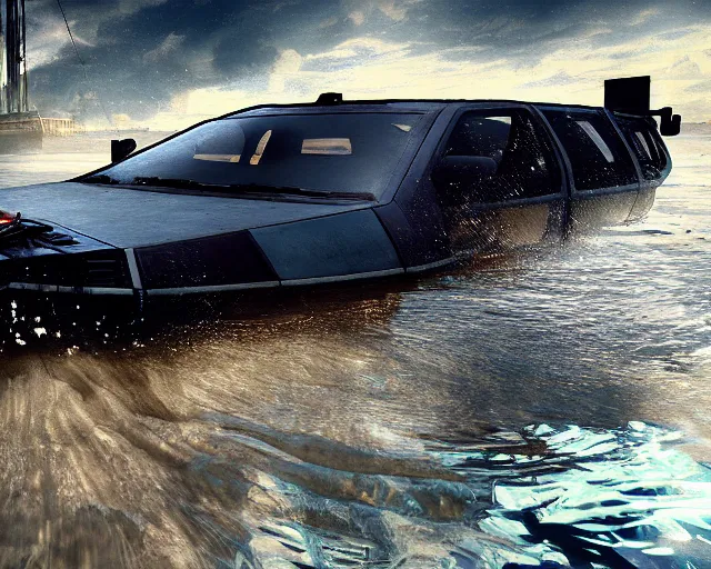 Image similar to delorean submerged under water, cinematic, photoreal, by red dead redemption 2