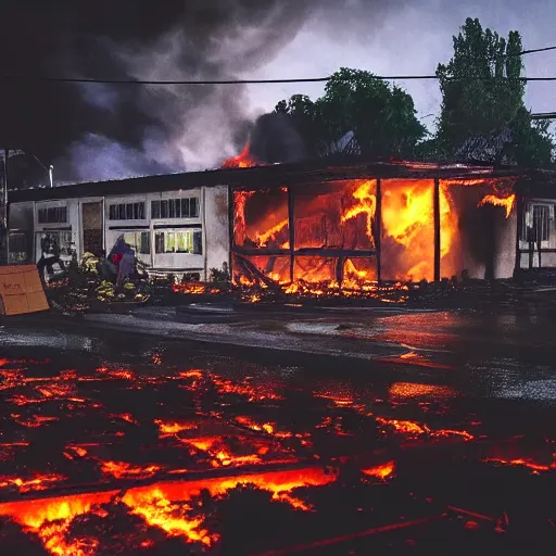 Prompt: vegetables store house in flames, realistic, night photo