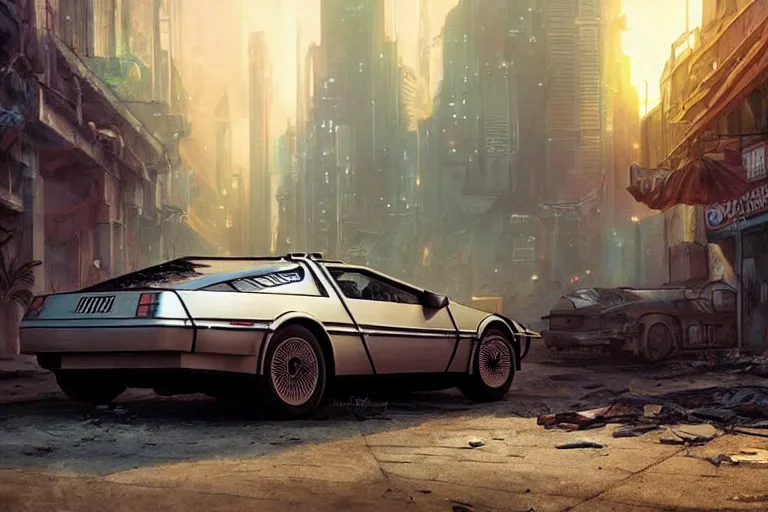 Prompt: highly detailed photograph of a delorean parked on the streets of a cyberpunk abandoned city, doors are open, by greg rutkowski and stanley artgerm and alphonse mucha, octane, sharp focus, hyperrealistic, masterpiece