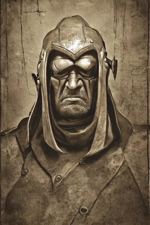 Image similar to man - at - arms from masters of the universe, portrait, full body, symmetrical features, silver iodide, 1 8 8 0 photograph, sepia tone, aged paper, sergio leone, master prime lenses, cinematic