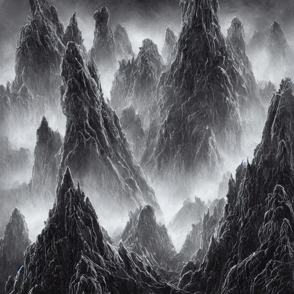 Image similar to haunted mountains of madness in antarctica surrounding an great monolithic city of insane alien towers and blasphemous megastructures, upward cinematic angle, by rodney matthews, michael kaluta, giger, p. craig russell and bill sienkiewicz, ghostly atmosphere, thick lush winter aesthetics, stunning composition, alien creature faces, monstrous animal gods, intricate, strange, elegant, digital art, hyperdetailed, colorful hyperrealism, brilliant photorealism, horror, masterpiece, 4k