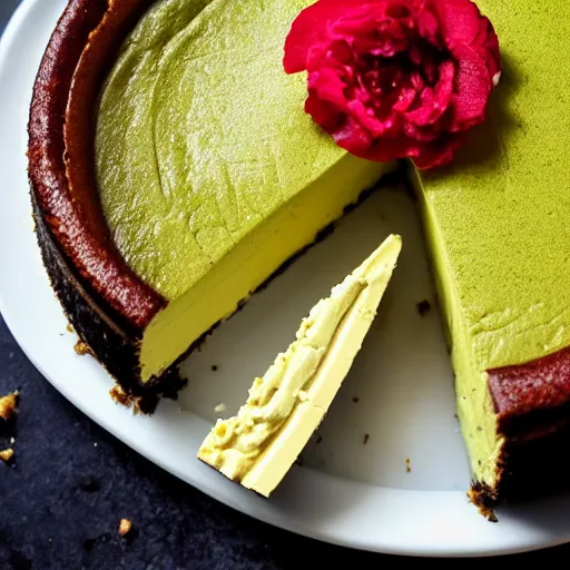 Image similar to close view of a delicious sweet and perfect avocado cheesecake piece, award winning, 4 k, beautiful