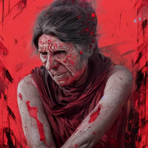 Prompt: elderly woman with black eyes covered in red paint, intricate, art by greg rutkowski, high detailed, 4 k,