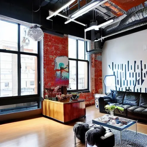 Image similar to trendy downtown loft with modern murals on the wall, modern art and patterns, interior design, beautiful architecture