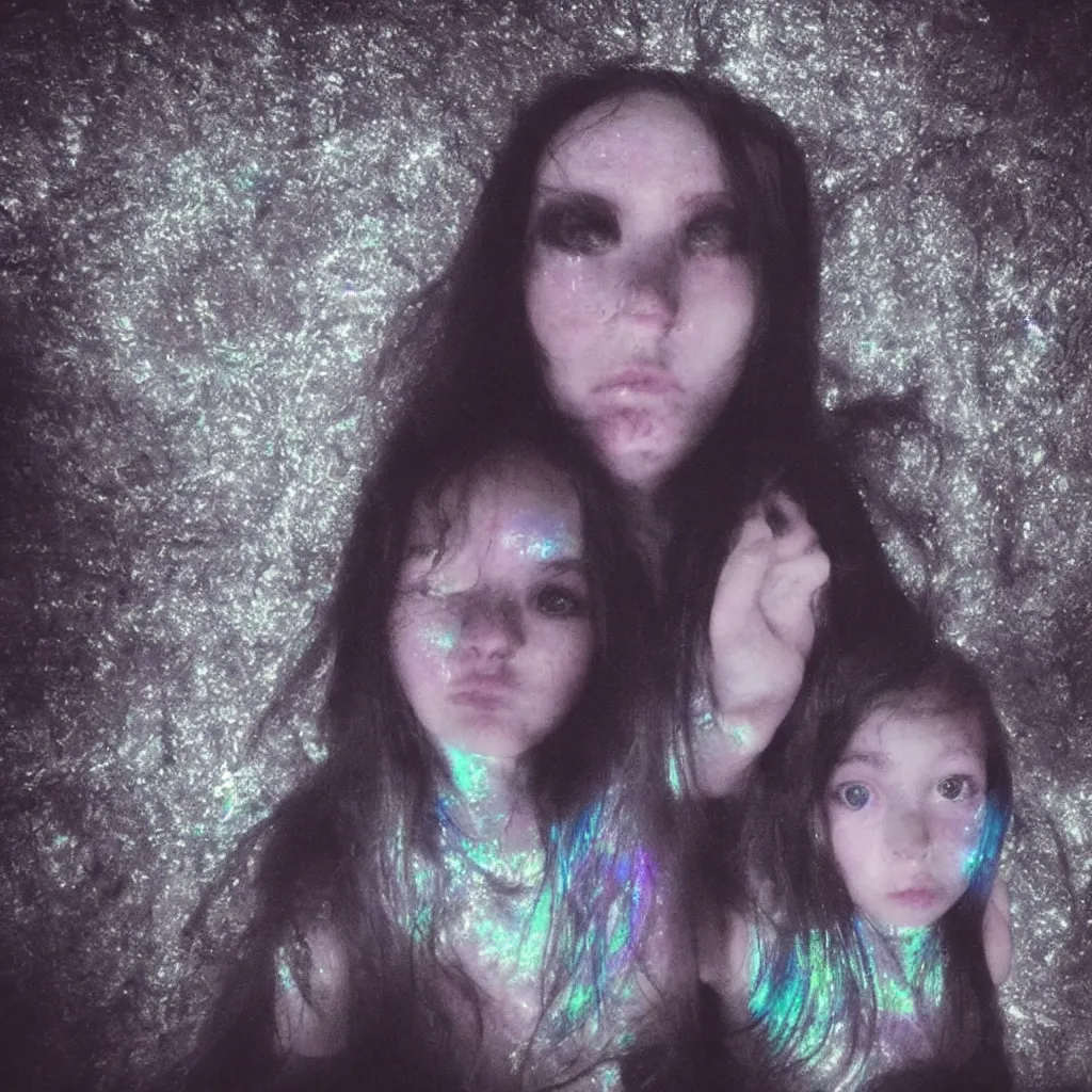 Prompt: girl takes selfie with ghost spirit, iridescent metallic colors, dark eerie photo vibes