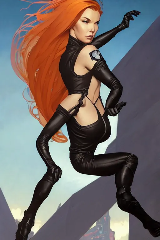 Image similar to gta kim possible as aeon flux profile picture by greg rutkowski, dynamic pose, intricate, futuristic, fantasy, elegant, by stanley artgerm lau, greg rutkowski, thomas kindkade, alphonse mucha, loish, norman rockwell, fantasy lut, asymmetric, long hair, retro computer graphics, video game, fluid lines,