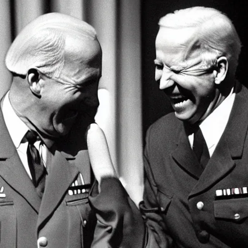 Image similar to “ very photorealistic photo of hitler and joe biden laughing together, award - winning details ”