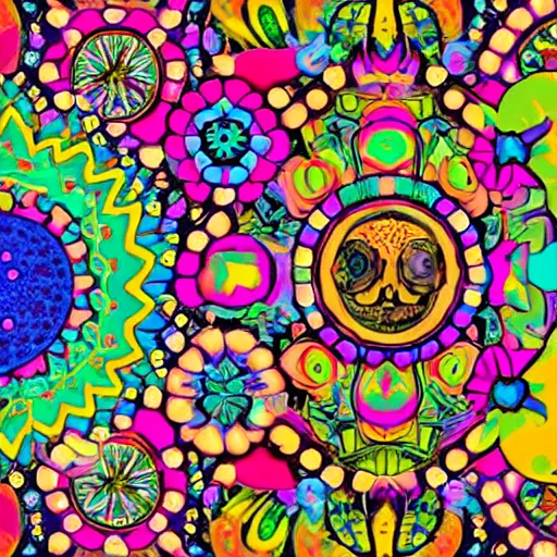 Prompt: Groovival aesthetic, Liminal space in outer space, hippie motifs, flower power motifs, with bright psychedelic shapes