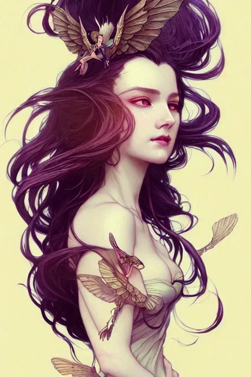 Prompt: portrait of woman with flowy hair, bird wings, confident pose, pixie, genshin impact, intricate, elegant, sharp focus, illustration, highly detailed, concept art, matte, trending on artstation, bright colors, art by wlop and artgerm and greg rutkowski, mucha, giger, marvel comics