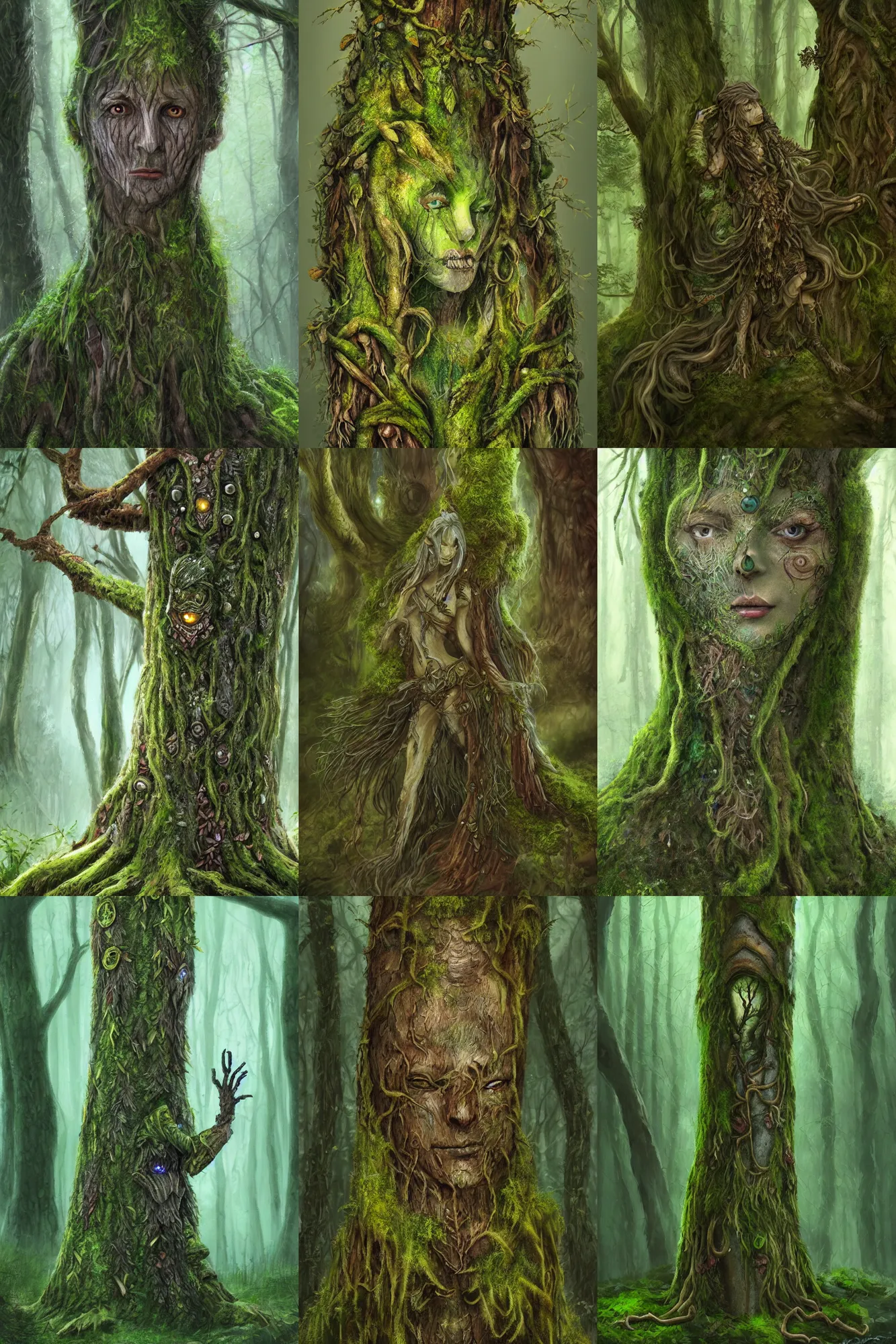 Prompt: mossy wood spirit with skin of leaves and armor of bark emerging from a tree. d & d fantasy art, digital painting, magical forest, 8 k resolution. full - length portrait.