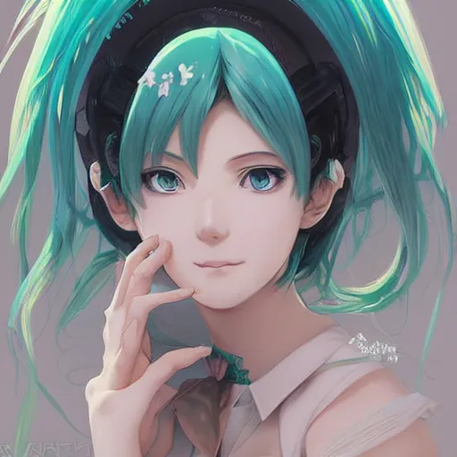 Image similar to hatsune miku short hair, anime style, hyper detailed, light green dress, illustration, digital painting, art by artgerm and greg rutkowski and alphonse mucha, high delicate defined details, anime stylized, highly detailed, realistic, sharp focus, styled by rhads