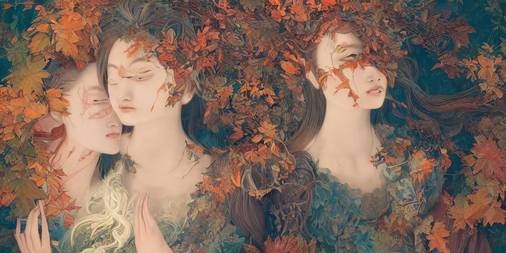 Image similar to breathtaking detailed concept art painting blend of two goddess of autumn leaves by hsiao - ron cheng with anxious piercing eyes, vintage illustration pattern with bizarre compositions blend of flowers and fruits and birds by beto val and john james audubon, exquisite detail, extremely moody lighting, 8 k