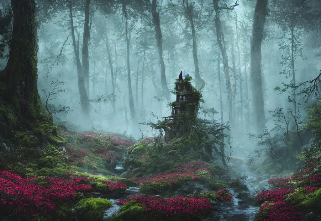 Image similar to handmade stunning landscape of a big and deep forest, ornate, beautiful, atmosphere, vibe, mist, chimney, pristine, puddles, melting, dripping, creek, lush, forest, roses, flowers, by kilian eng jake parker loish, octane render, 8 k hd resolution, high quality image