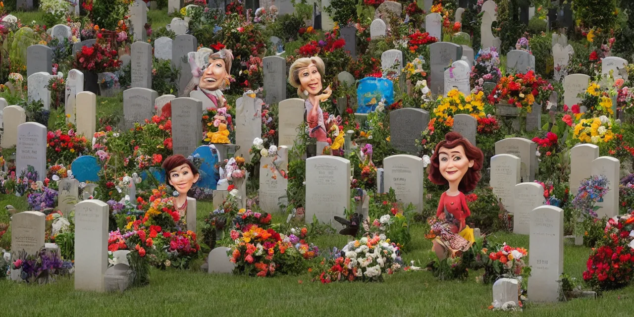 Image similar to pixar surreal caricatures in a western coral theme, cemetery