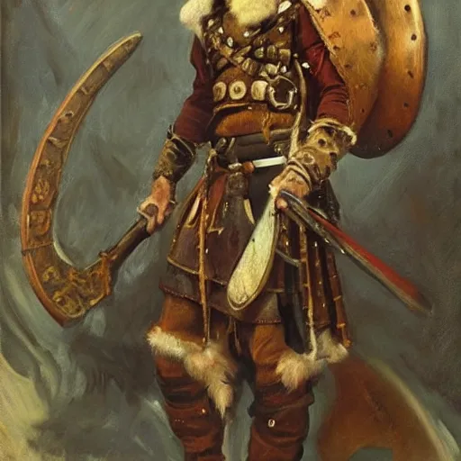 Image similar to a viking warrior with steampunk details, oil painting by John Singer Sargent.