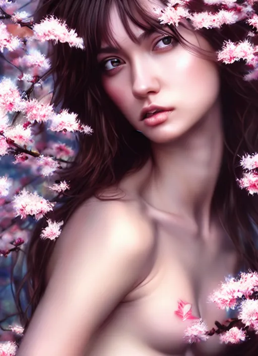 Image similar to photo of a gorgeous female with messy hair in the style of stefan kostic, realistic, body shot, sharp focus, 8 k high definition, insanely detailed, intricate, elegant, art by stanley lau and artgerm, cherry blossoms