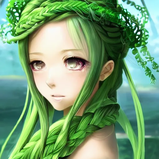 Prompt: 3D advanced digital art, a very cute and gorgeous anime woman wearing a dress made of vines , full body, very long green hair, braided hair, emerald green eyes, , forrest setting, full round face, cinematic lighting, mid-shot, highly detailed, trending on pixiv, Steven Artgerm Lau, WLOP, RossDraws, RuanJia , James Jean, Andrei Riabovitchev, Totorrl, Marc Simonetti, Visual Key, and Sakimichan