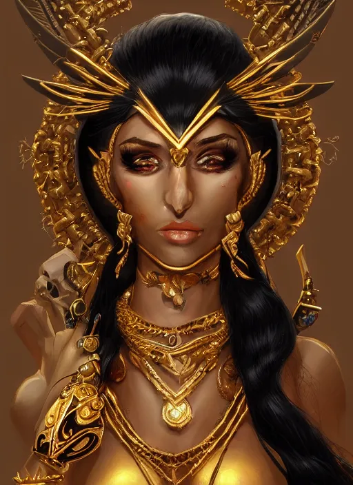 Prompt: a highly detailed illustration of tanned goddess ereshkigal wearing gold and black dress with skull jewelry, intricate, elegant, highly detailed, centered, digital painting, artstation, concept art, smooth, sharp focus, league of legends concept art, wlop