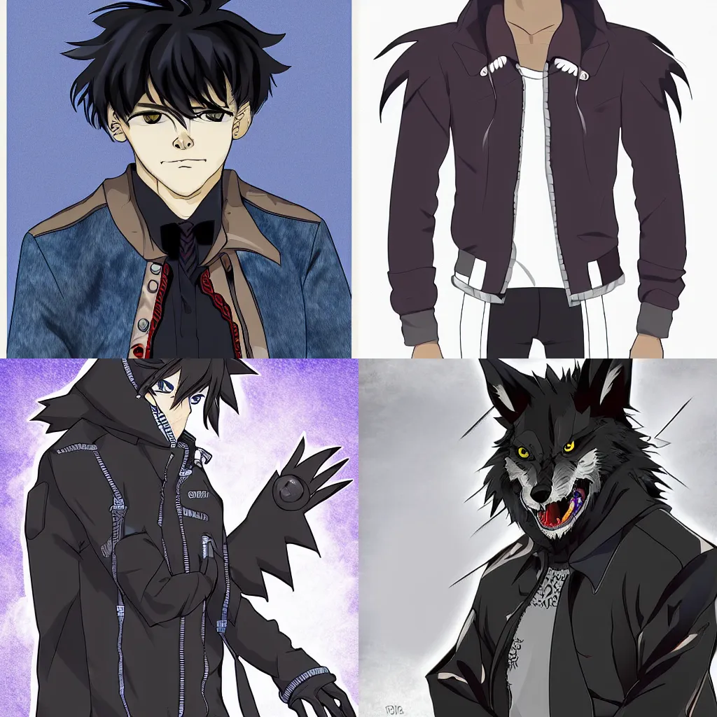 Prompt: an anime werewolf in a jacket, digital art