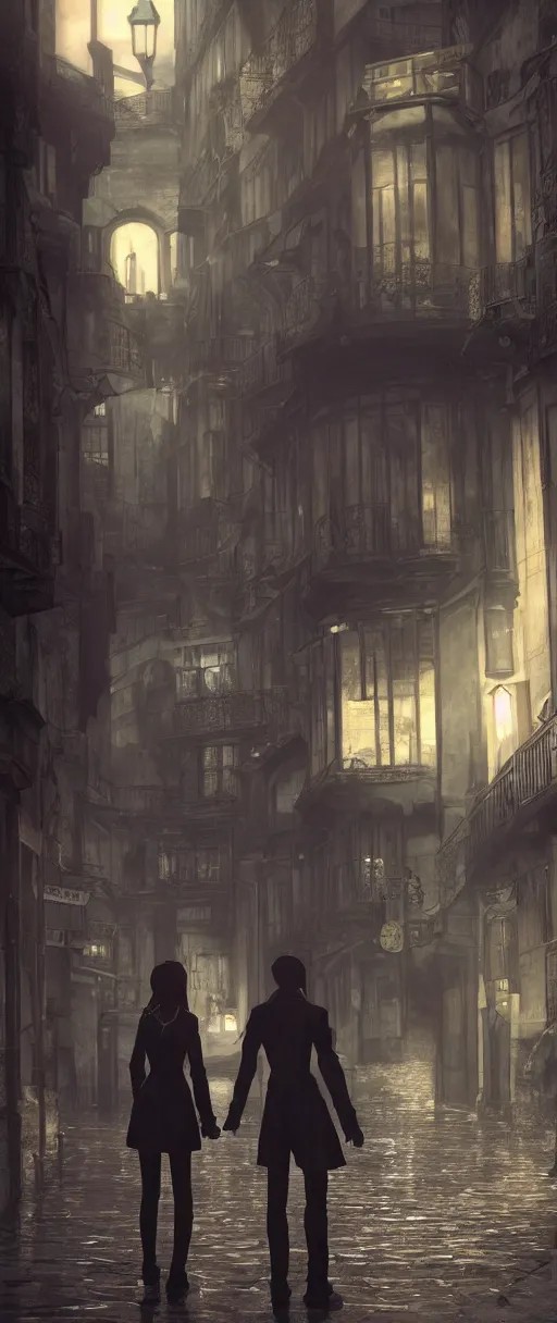 Image similar to lelouch lamperouge and asuka langley holding hands in dishonored town, dunwall city, redshift render, cinematic lighting, rainy weather, melancholy atmosphere, dunwall city, volumetric light, octane render, dishonored game, dishonored 1, gothic architecture, realistic reflections