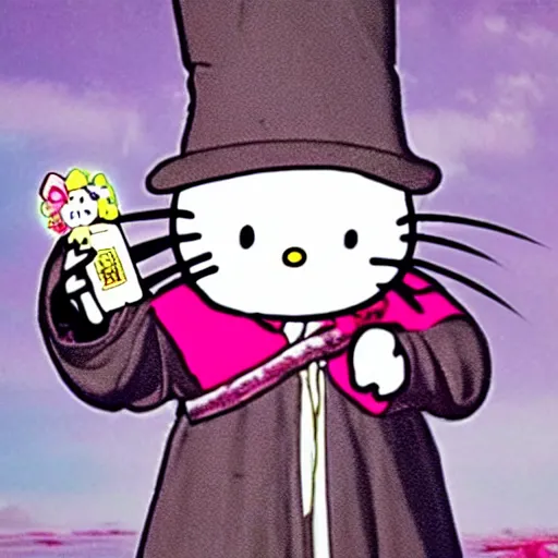 Image similar to portraid of gandalf wearing a Hello Kitty costume, smiling, holding a blank playing card up to the camera, movie still from the lord of the rings