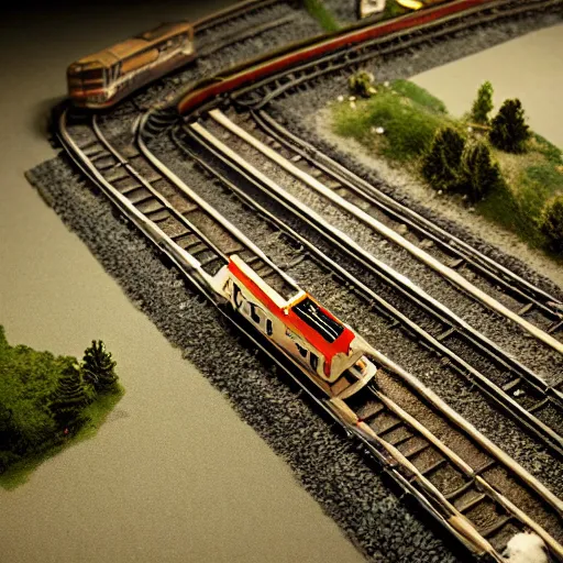 Image similar to a detailed photo of a railway diorama, zoom, model trees, table, studio lighting