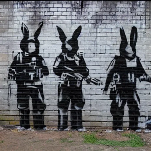 Image similar to photo of banksy graffiti depicting rabbits dressed as riot police