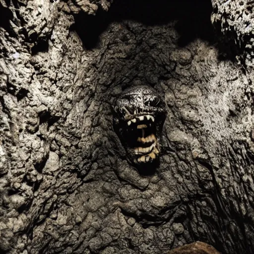 Prompt: photo inside a cavern of a scary humanoid partially hidden in the shadows behind a rock with wet lizard skin and a mouth with sharp tooth and black eyes