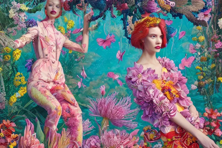 Image similar to pretty model surrounded by flowers, pelicans and goldfish : : by martine johanna and simon stalenhag and chie yoshii and casey weldon and wlop : : ornate, dynamic, particulate, rich colors, intricate, elegant, highly detailed, vogue, harper's bazaar art, fashion magazine, smooth, sharp focus, 8 k, octane render