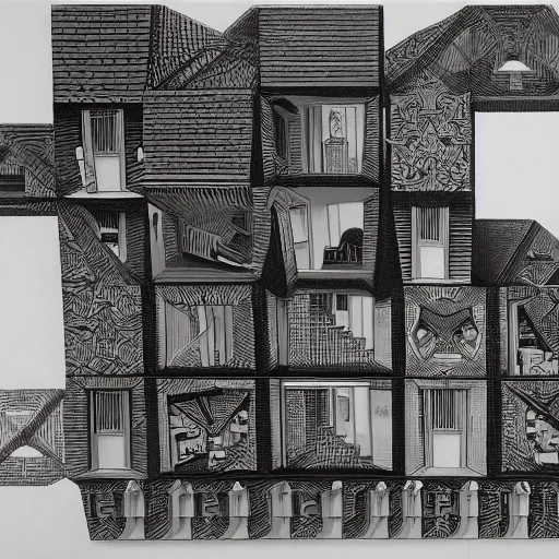 Image similar to impossible penrose house by M.C. Escher, painting with intricate details, black and white