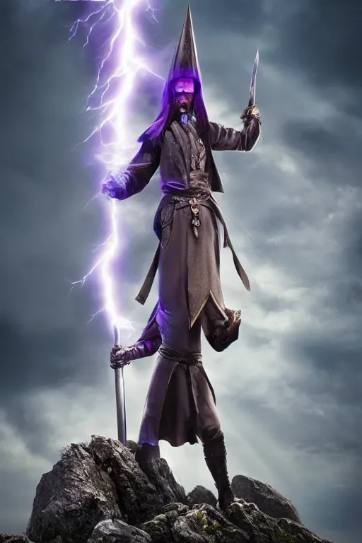 Prompt: hyper realistic wizard holding a sword that’s pointed towards the sky, getting shocked by purple lightning, standing on a mountaintop, octane, trending on artstation, hyper realistic, highly detailed, amazing depth of field, 8k