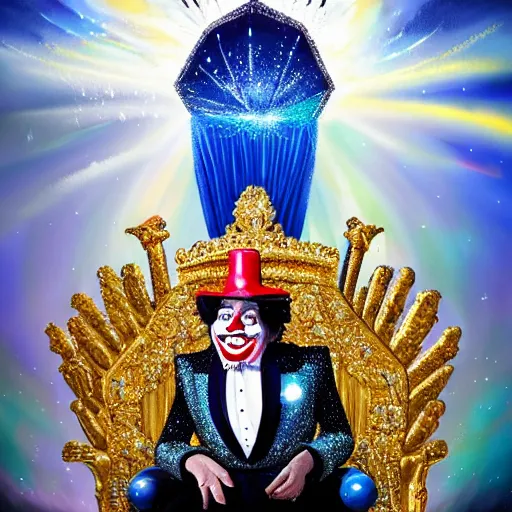 Prompt: shining giant throne made of millions of diamonds, gold and sapphires with thousands of light reflections, and a clown on a tuxedo suit is sitting on the throne while handing an earth globe, dramatic light, digital painting, ultradetailed, artstation, oil painting