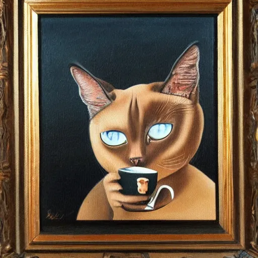 Prompt: A portrait of a siamese cat with long neck drinking coffee, oil painting by Salvador Dali