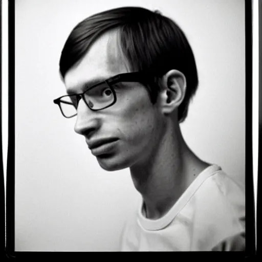 Image similar to Mugshot Portrait of Young Stephen Hawking, taken in the 1970s, photo taken on a 1970s polaroid camera, grainy, real life, hyperrealistic, ultra realistic, realistic, highly detailed, epic, HD quality, 8k resolution, body and headshot, film still, front facing, front view, headshot and bodyshot, detailed face, very detailed face