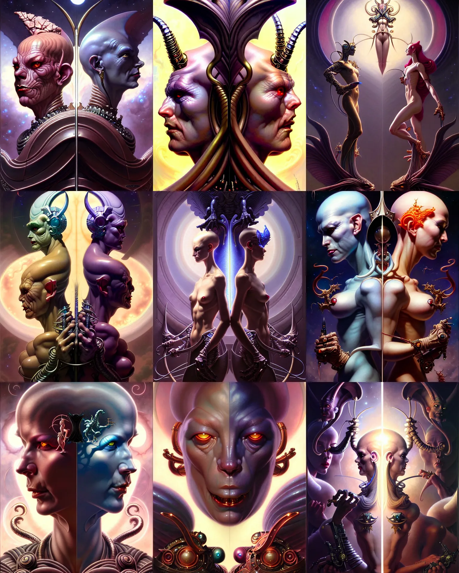 Image similar to beautiful gemini good and evil fantasy character portrait, ultra realistic, wide angle, intricate details, the fifth element artifacts, highly detailed by peter mohrbacher, hajime sorayama, wayne barlowe, boris vallejo, aaron horkey, gaston bussiere, craig mullins