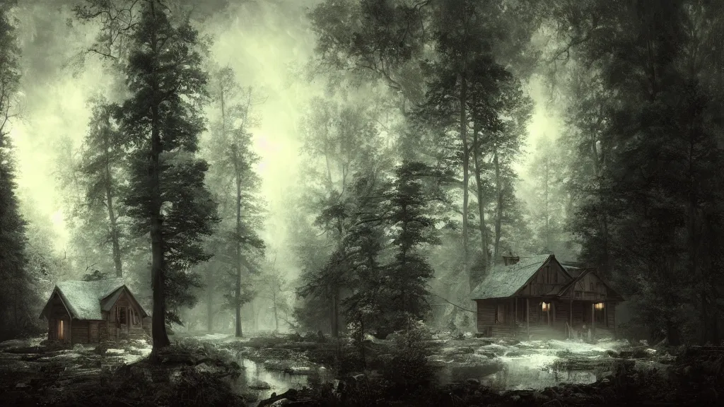 Image similar to [ a cabin in the woods. ] andreas achenbach, artgerm, mikko lagerstedt, zack snyder, tokujin yoshioka