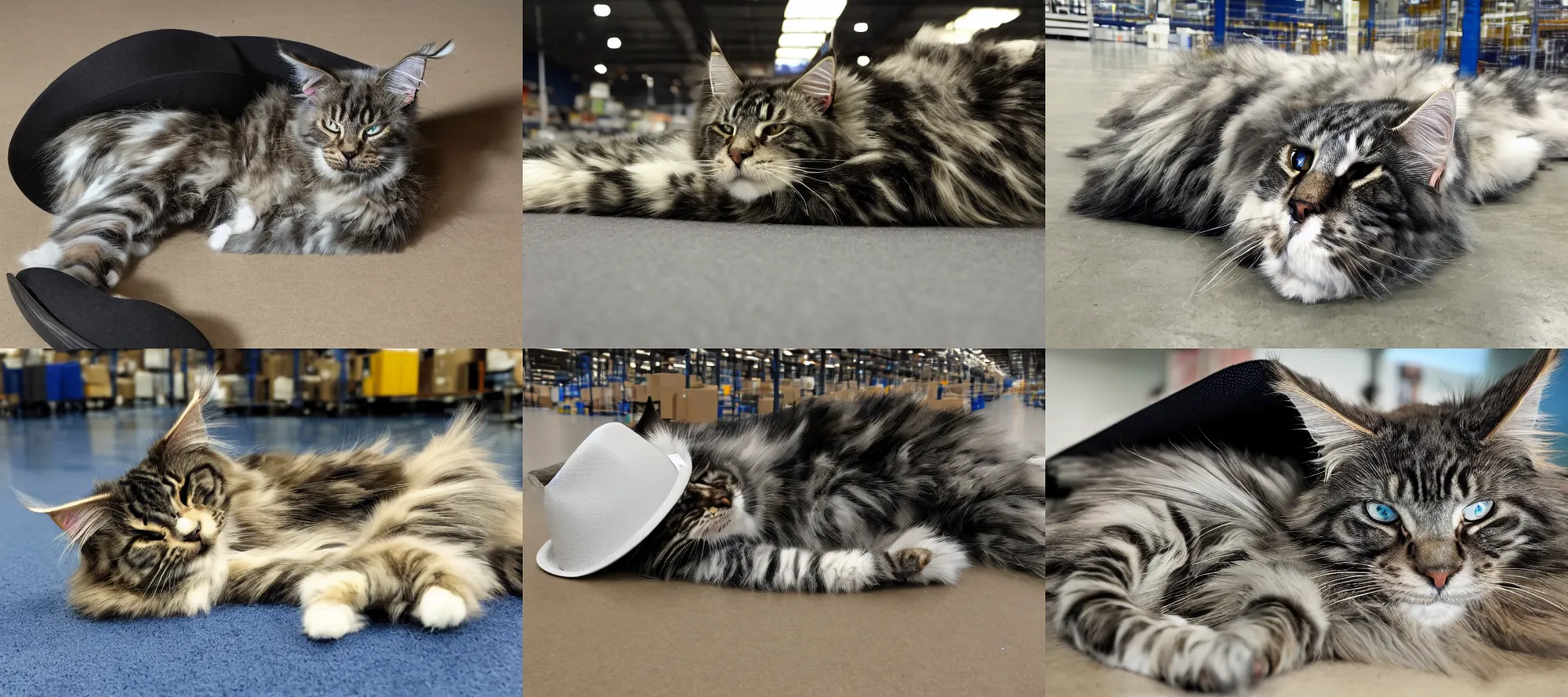 Prompt: picture of frostmourne the skeletal maine coon cat wearing fedora sleeping on amazon warehouse factory floor