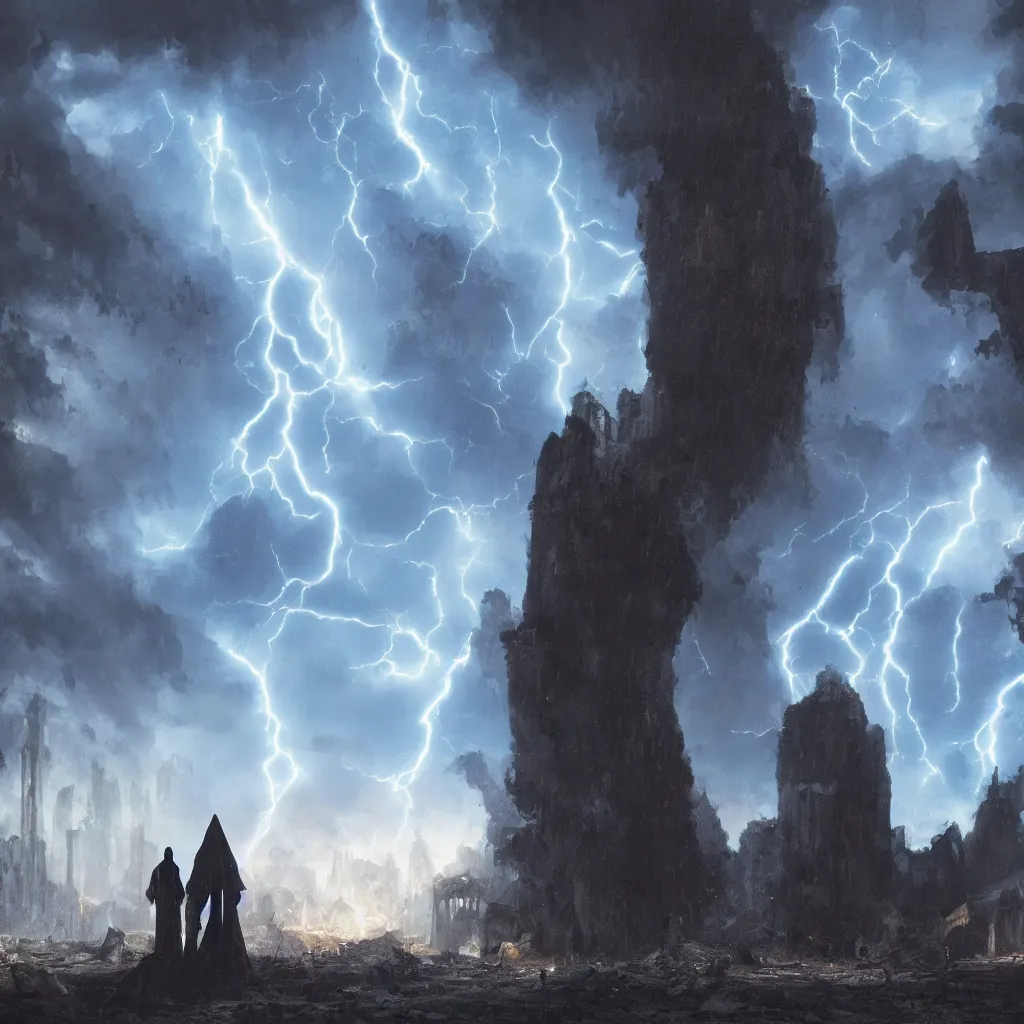 Image similar to a still of a cloaked figure standing in the ruins of crux prime, monastery, there is lightning, blue fiery maelstrom in the distance, it is raining, digital art, artstationhq