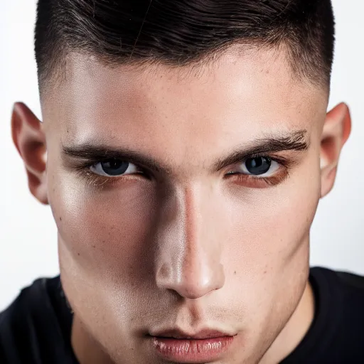 Image similar to a closeup photo of a male model with modern medieval haircut, 4 k, studio lighting, wide angle lens