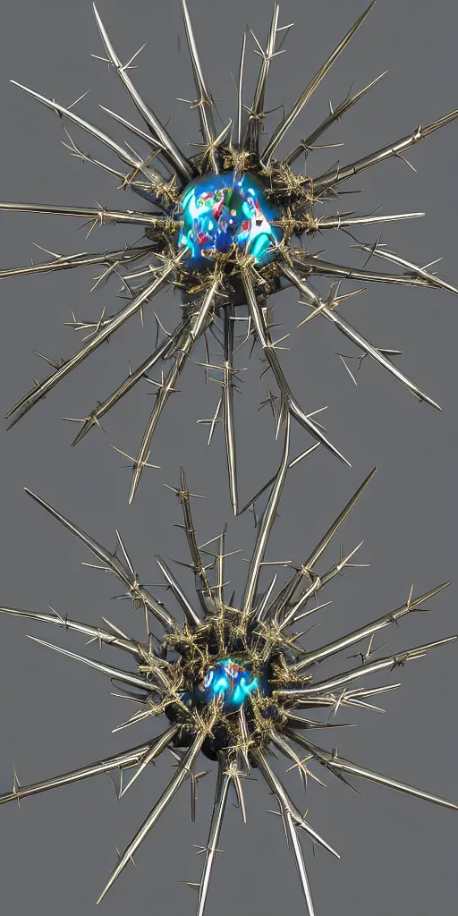 Image similar to 3 d photographic render of asymmetric metallic flower sculpture with thorns, bioluminescent chrometype, made of liquid metal, neotribal with thorns and thunders, cyberpunk, raytracing, hyper realistic, volumetric lightning, 8 k, by zhelong xu and ouchh studio