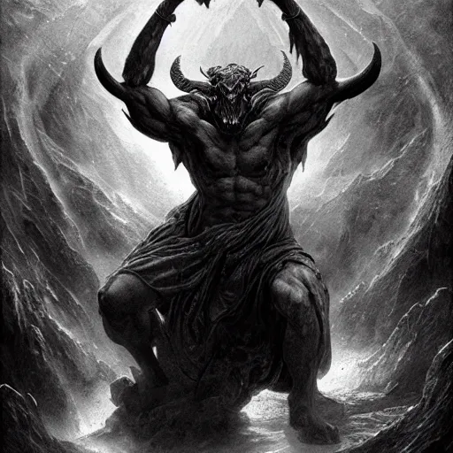 Prompt: full body, grayscale, Gustave Dore, greg rutkowski, muscled humanoid balrog demon, horns, claws, large horned tail, heroic pose, swirling flames