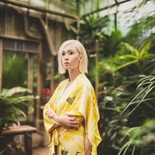 Image similar to head to shoulder portrait photograph of an elegant blond woman wearing a yellow kimono with a very detailed barn owl on her shoulder!!! in a tropical greenhouse. looking at the camera!!. super resolution. 85 mm f1.8 lens.bokeh. graflex. by Alessio albi !
