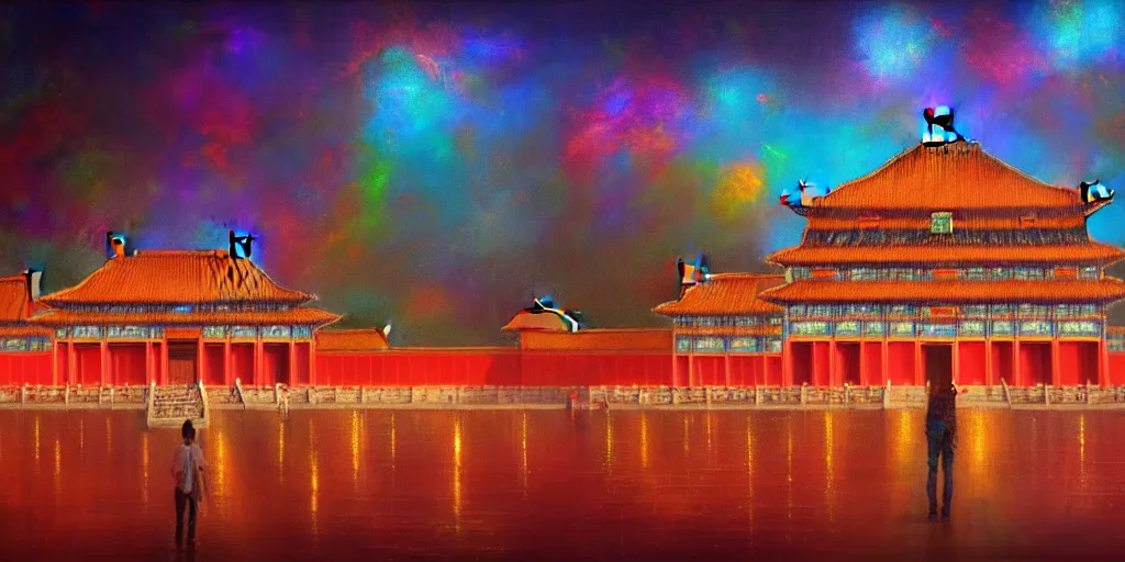 Image similar to A realistic painting of Forbidden City by Neon Light. Cyberpunk Impressionism, in the style of Esao Andrews, Prismatic, Pearlescent, reflective, shimmering, highly detailed, masterpiece, dreamy, concept art, Cinematic lighting, 8k, trending on artstation