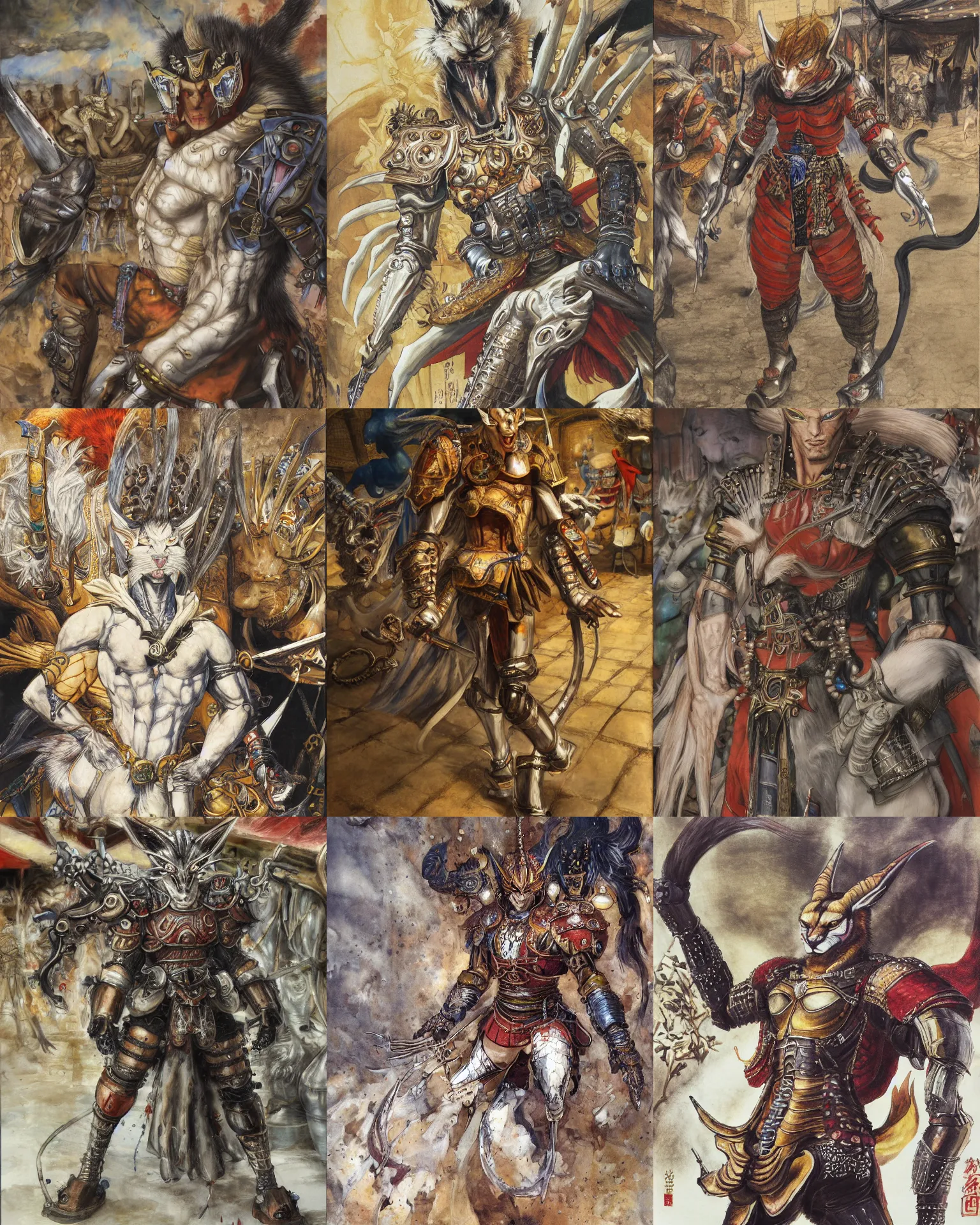 Image similar to 8k Yoshitaka Amano painting of upper body of a young cool looking slim caracal beast-man with white mane at a medieval market at windy day. Depth of field. He is wearing complex fantasy armors. He has huge paws. Renaissance style lighting.