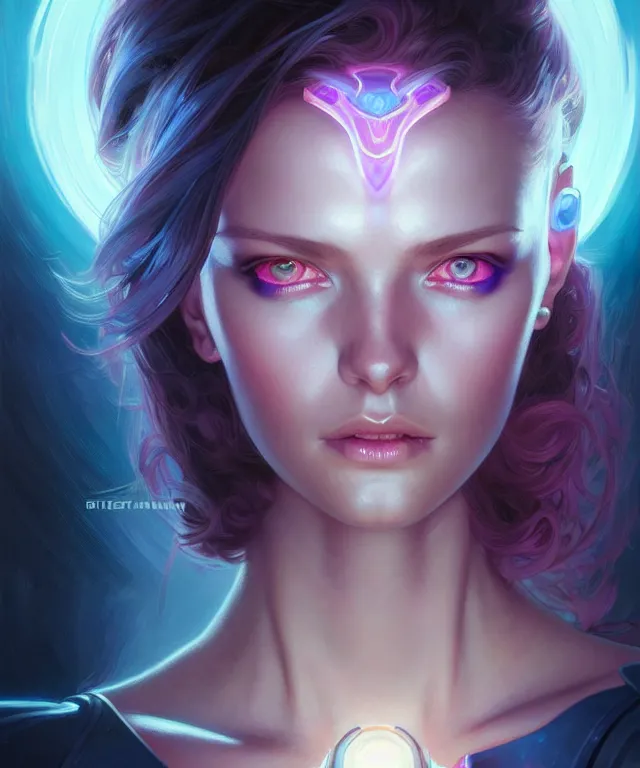 Image similar to Beautiful female android portrait, sci-fi, glowing blue eyes, face, blue and pink exoskeleton, fantasy, intricate, elegant, highly detailed, digital painting, artstation, concept art, smooth, sharp focus, illustration, art by artgerm and greg rutkowski and alphonse mucha